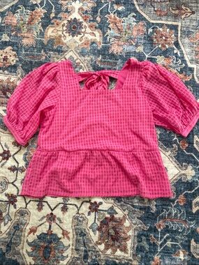 ICHI Bright Pink Puff Sleeve Peplum Top